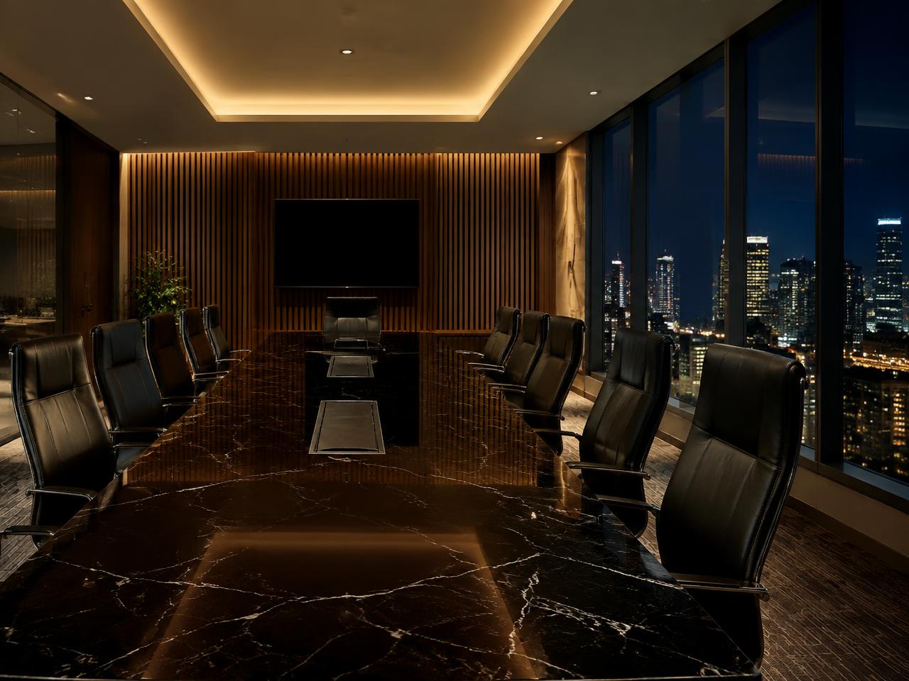 Boardroom with a black marble table and timber slat wall