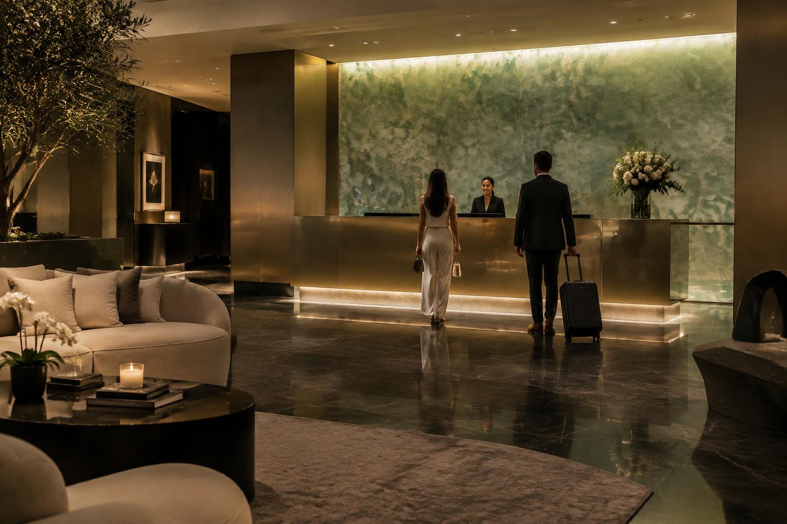 Boutique Hotel Arrival in Southern California featuring Jade Glass, Metal Wall Panels, Vault LED