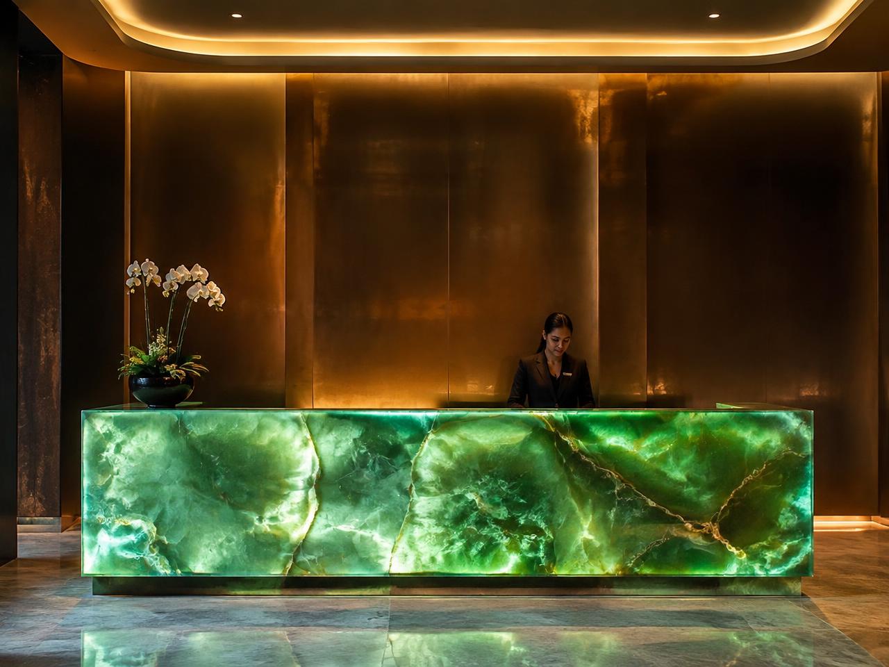 Backlit green onyx hotel reception desk against bronze wall panels