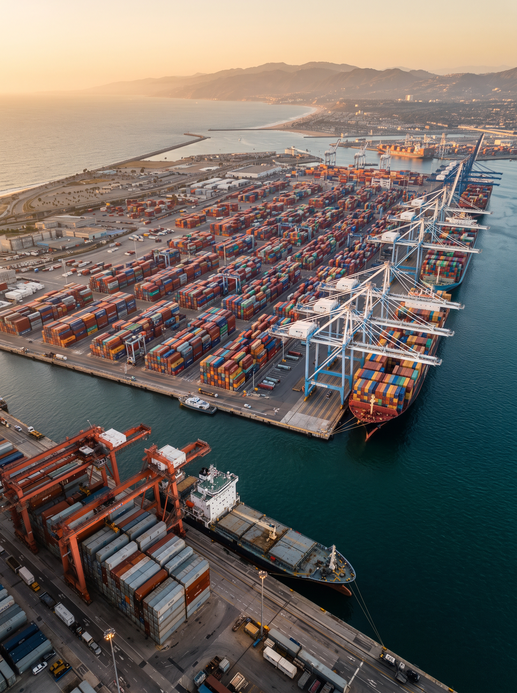 Aerial view of a stone quarry and container port at dusk