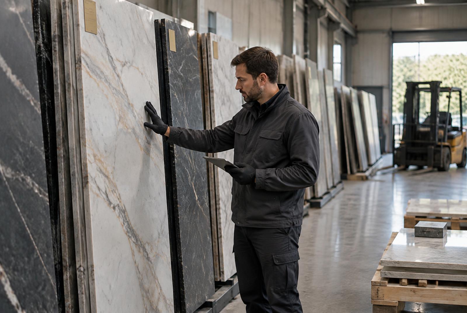 Warehouse quality review of large-format stone slabs